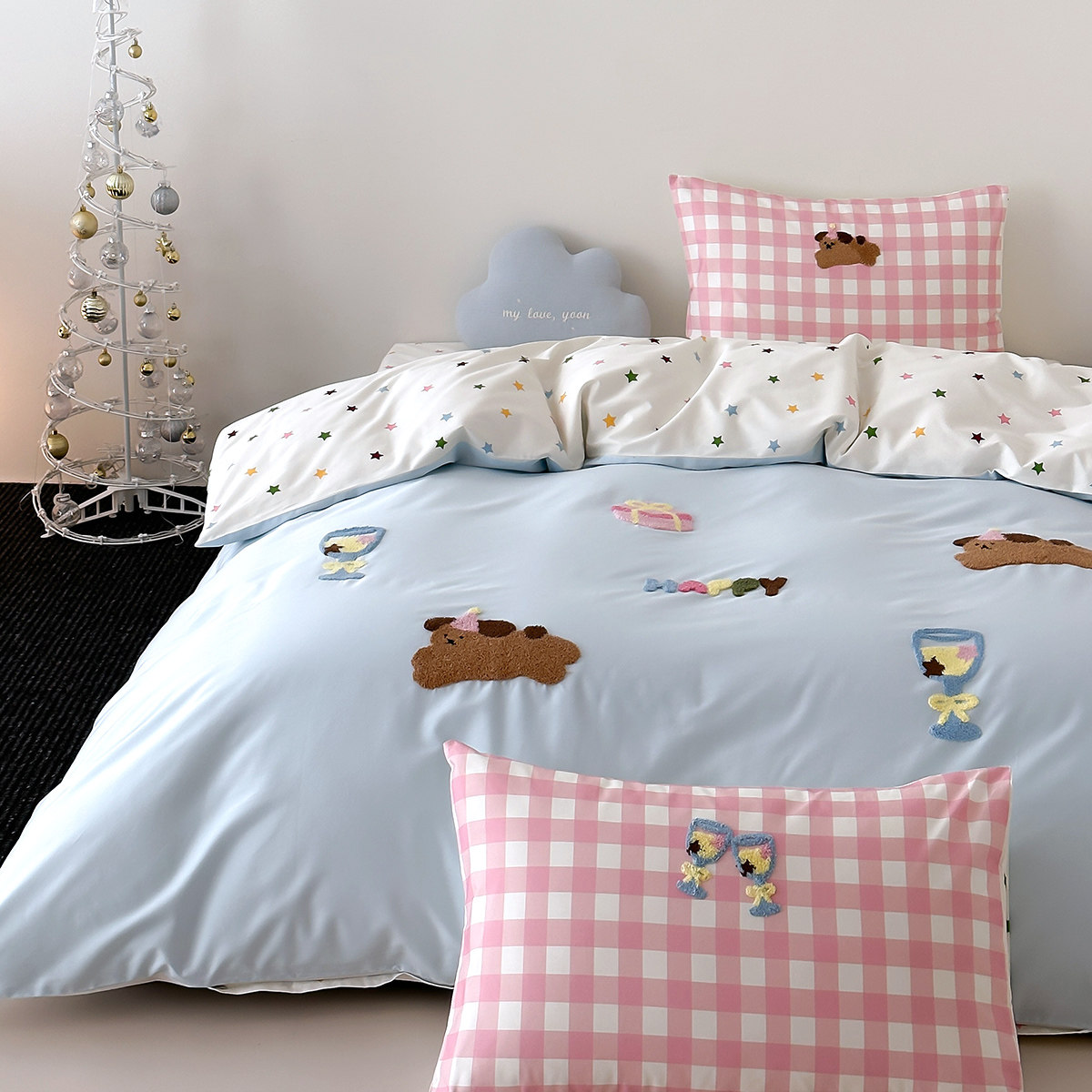 全棉四件套纯棉被套床单加厚卡通毛巾绣床上用品单人床三件套床笠