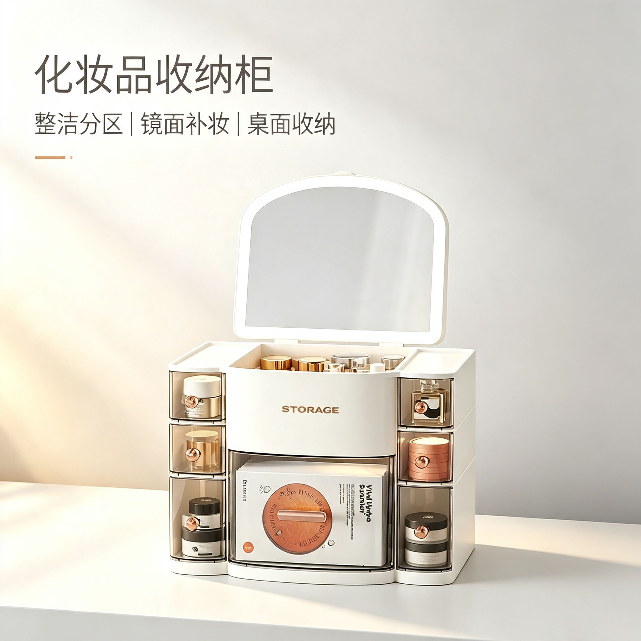 带镜防尘大容量化妆品收纳盒