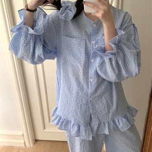 韩系小格子简约舒适睡衣套装 实拍实价 休闲宽松家居服送头花