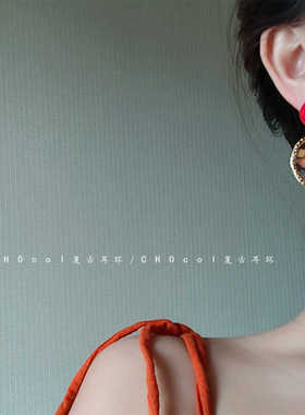 红色法式复古港风植物花朵耳环高级感气质小众设计森系耳钉女耳夹