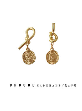 复古金币人像打结不对称耳钉女雾面高级感耳环个性耳饰潮