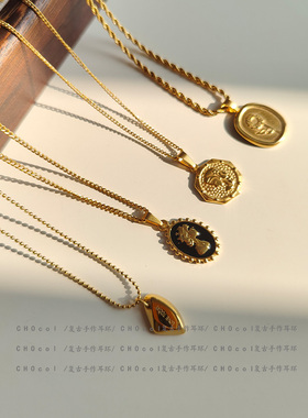 韩系钛钢字母不规则圆牌法式复古毛衣链简约气质吊坠锁骨女项链