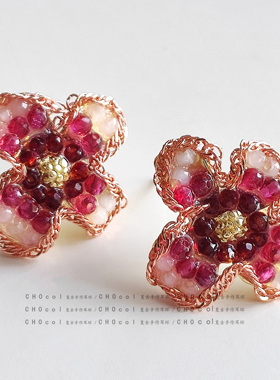 新年红色超仙花朵耳夹水晶高级感小众气质耳钉独特高级冷性风耳环