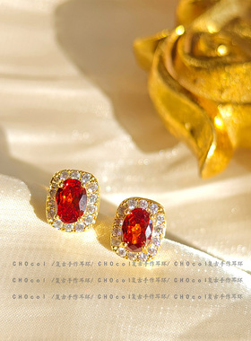 复古红色宝石耳环无耳洞蚊香盘耳夹女小众精致新娘耳钉过年耳饰