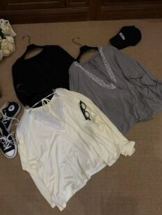 GOD财神2026春款 T恤女宽松显瘦上衣 韩国东大门蕾丝拼接V领长袖