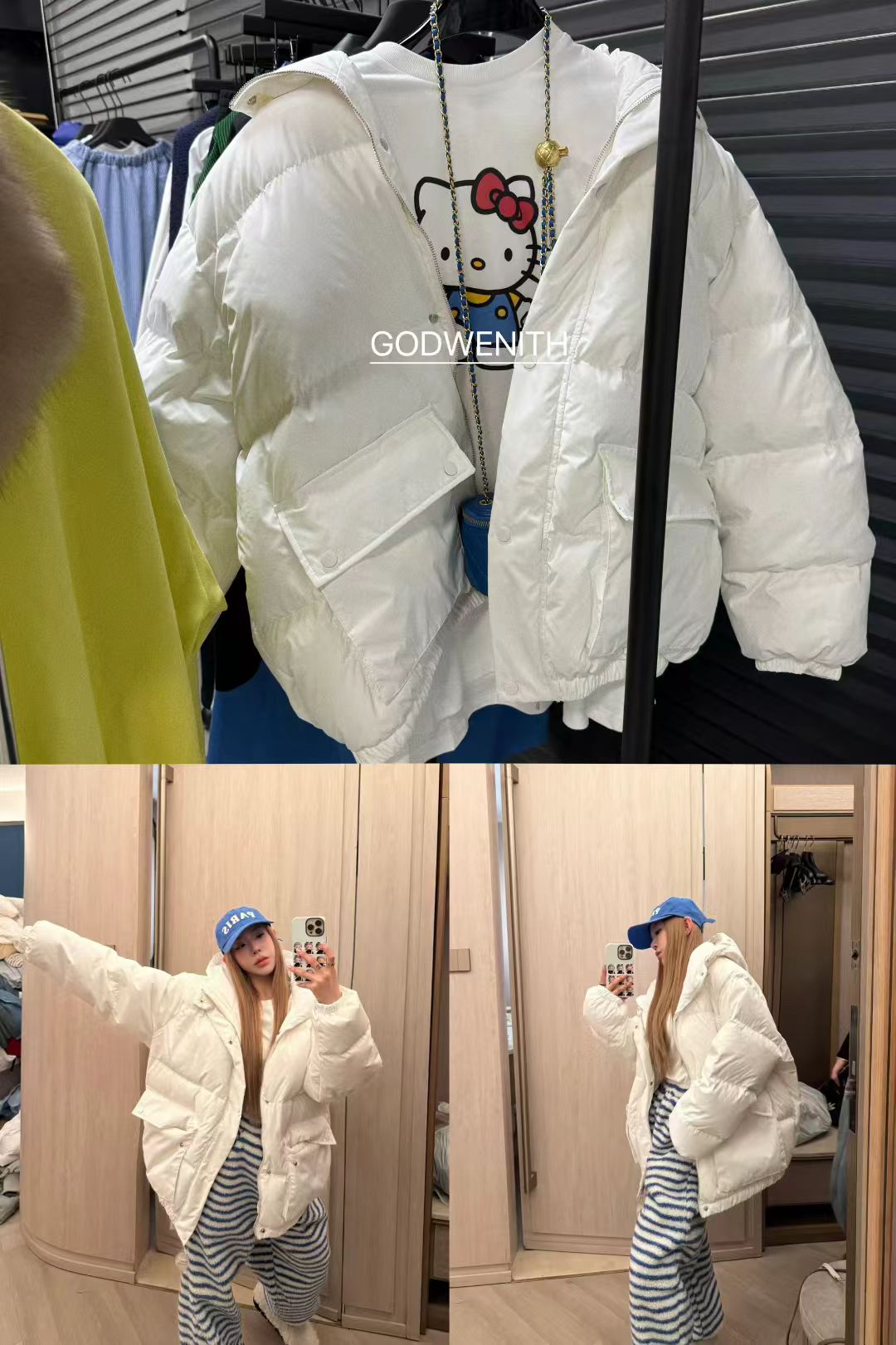 GOD财神2025秋冬新款韩国东大门亮色系连帽拉链羽绒服女90白鸭绒