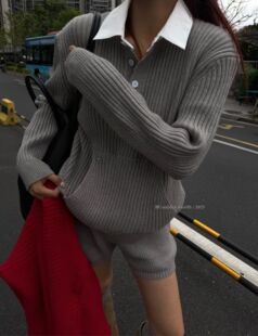 针织显瘦短裤 毛衣 女 韩系简约百搭POLO领针织衫 2025秋冬新款