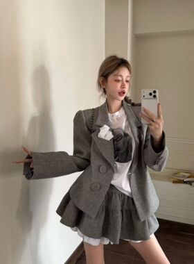 GOD财神2026早春新款复古小香风翻领西装外套女+百褶裙学院风套装