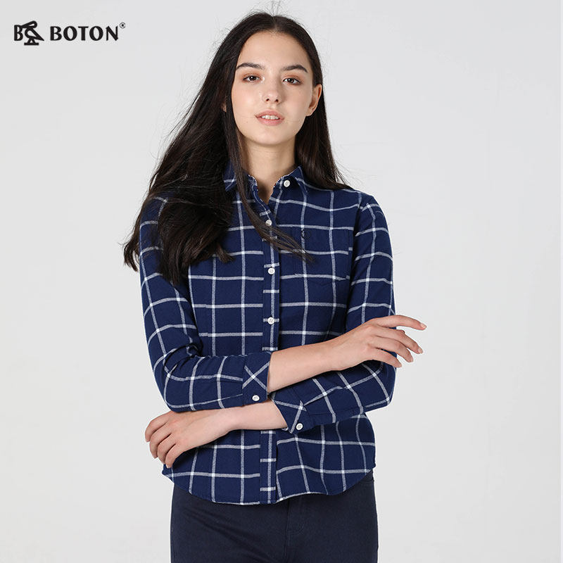 Boton/波顿2018年新款秋冬女磨毛衬衫休闲深蓝格修身女衬衫