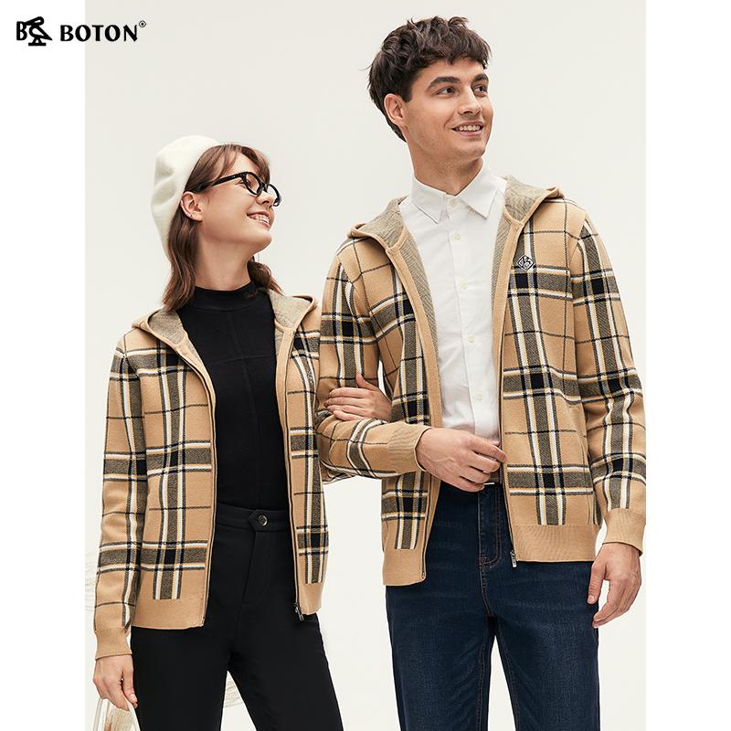 波顿卡其蓝格子男士毛衣