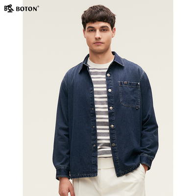 波顿2025秋季新款男士深蓝色长袖牛仔口袋衬衫高端美式休闲衬衣