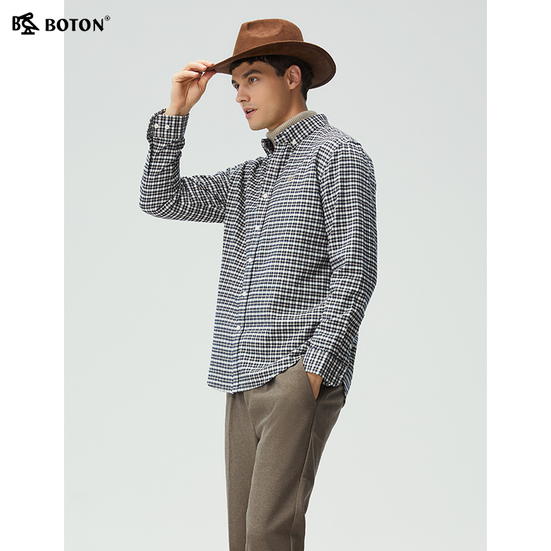波顿男士长袖格子衬衫