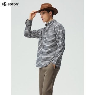 翻领修身 男士 长袖 衬衫 波顿2025秋季 中厚磨毛格子衬衣男款 新款