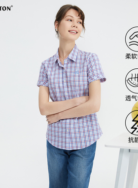 波顿2025年夏季新款女士短袖蓝橙色透气格子衬衫美式休闲纯棉衬衣