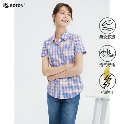 波顿2025年夏季新款女士短袖蓝橙色透气格子衬衫美式休闲纯棉衬衣