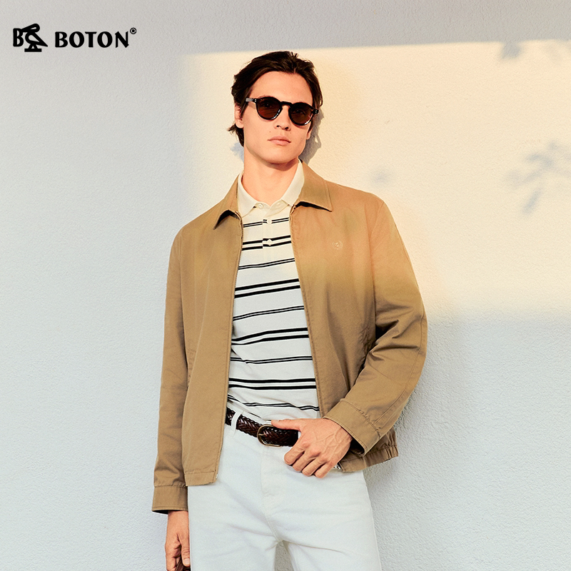 Boton/波顿2026春季新款男装翻领夹克外套春季条休闲长袖拉链新款