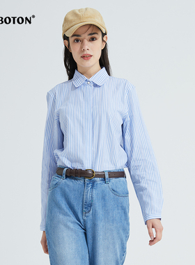 波顿早春秋季2025年新款蓝白色竖条纹衬衫女设计感小众长袖衬衣