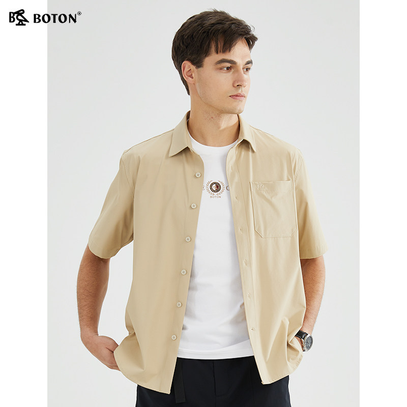 【吸汗速干】波顿2025年春夏新款男士短袖浅杏色户外休闲运动衬衫