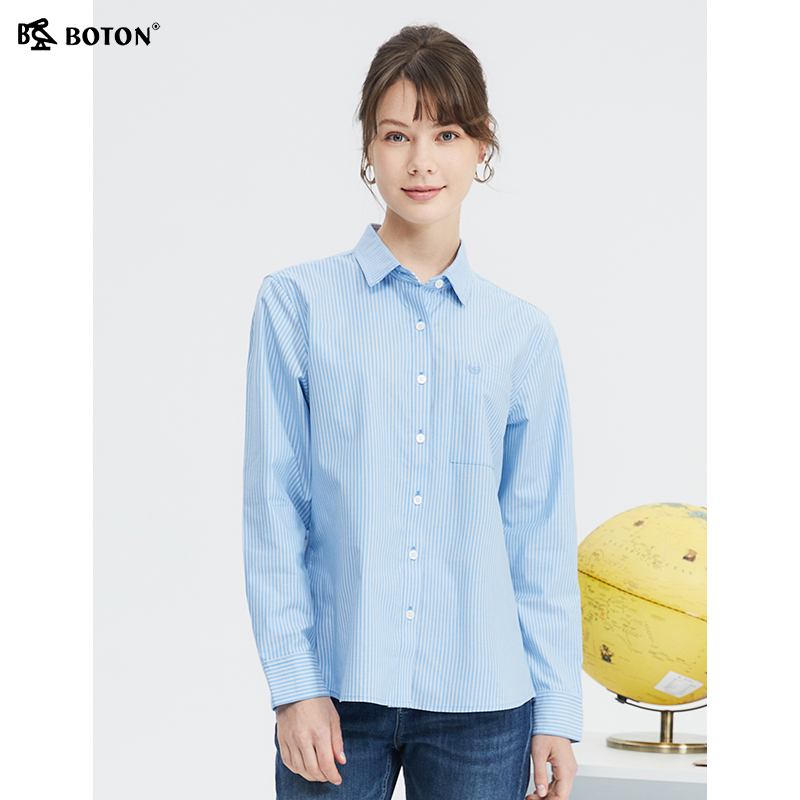 波顿女士2025春夏新款经典蓝白色竖条纹衬衫美式休闲高端衬衣