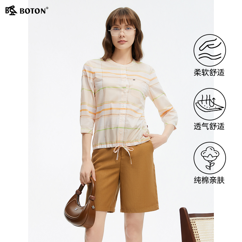 波顿女上衣2025年夏季新款豆绿色七分短袖衬衫高端美式休闲衬衣