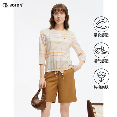波顿女上衣2025年夏季新款豆绿色七分短袖衬衫高端美式休闲衬衣