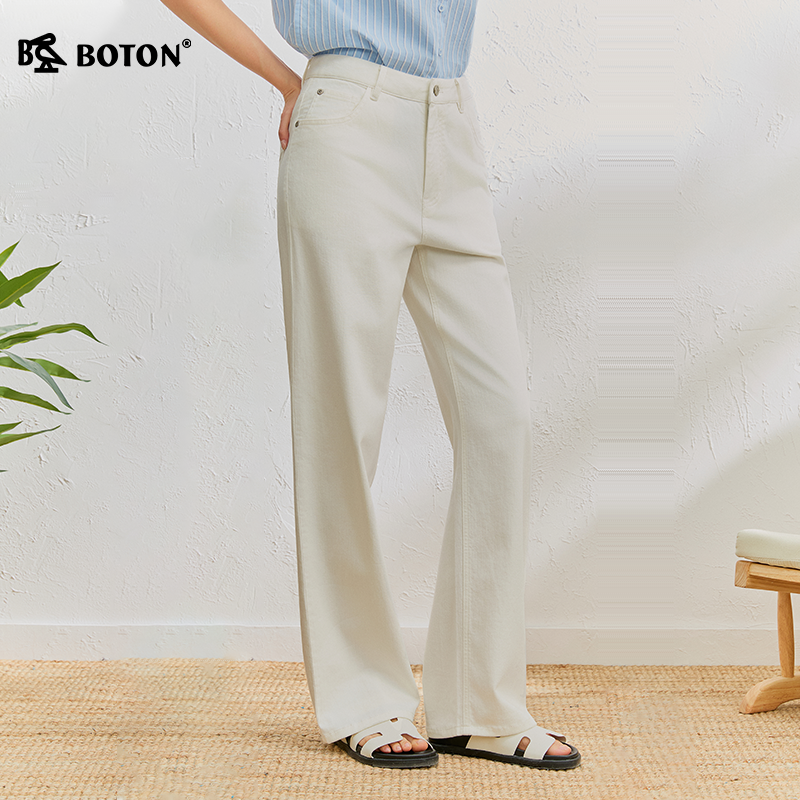 Boton/波顿女装牛仔宽松高腰弹力直筒长裤纽扣牛仔裤白色阔腿裤