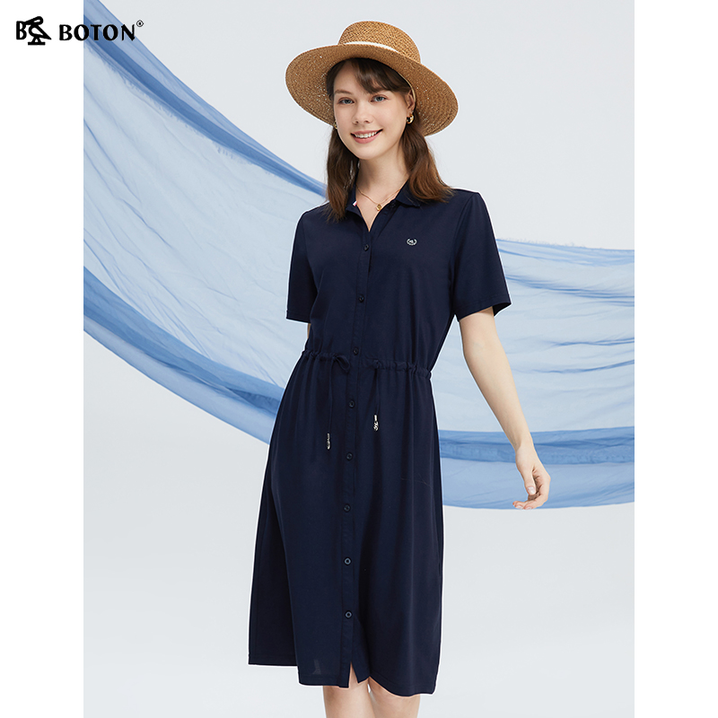 波顿女士2025春夏季新款天丝连衣裙高端时尚系带美式休闲翻领裙子