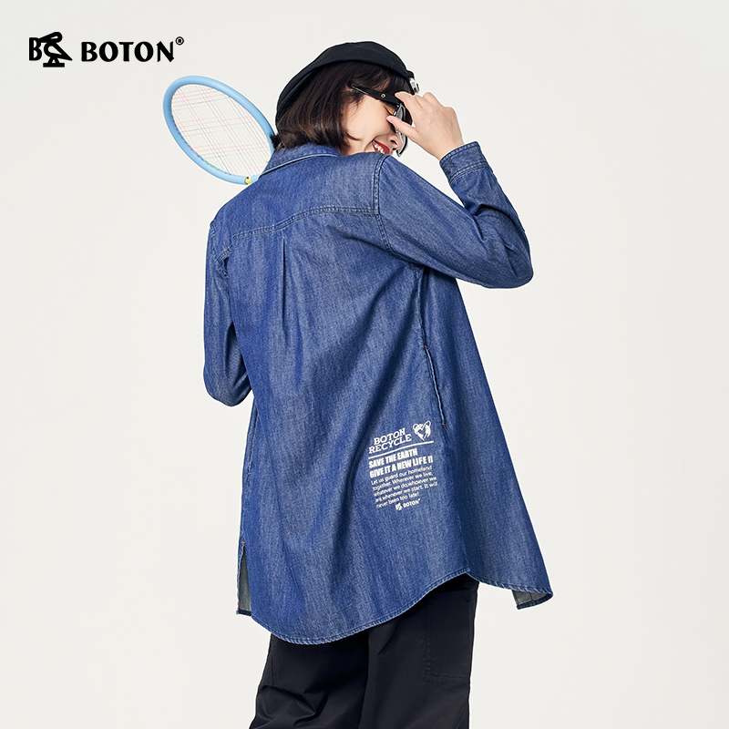 boton/波顿2021春季休闲中长款牛仔长袖衬衫复古港味显瘦百搭衬衣