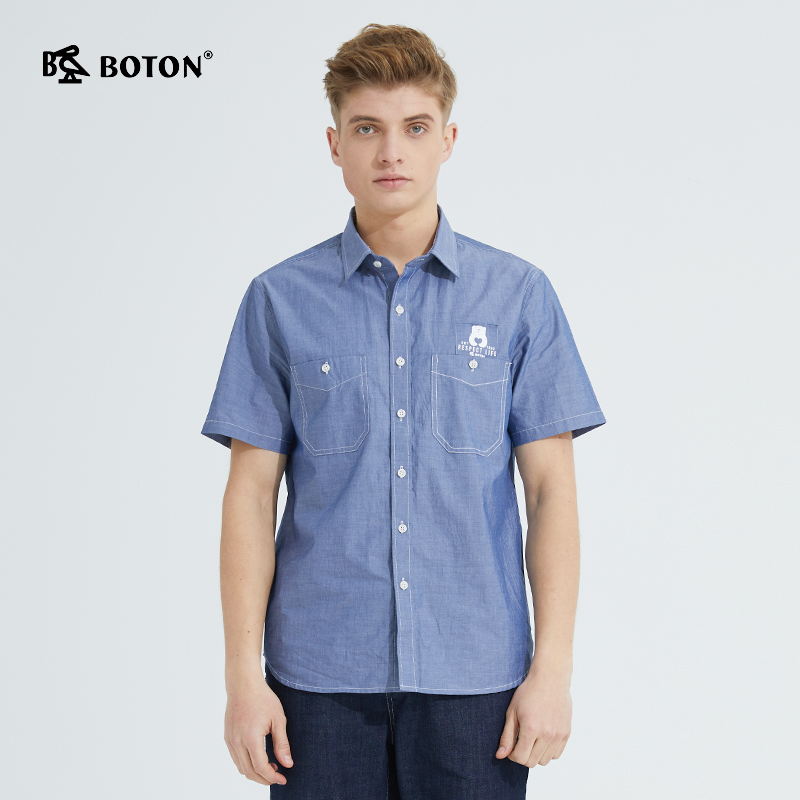 波顿夏季新款翻领内搭短袖衬衫