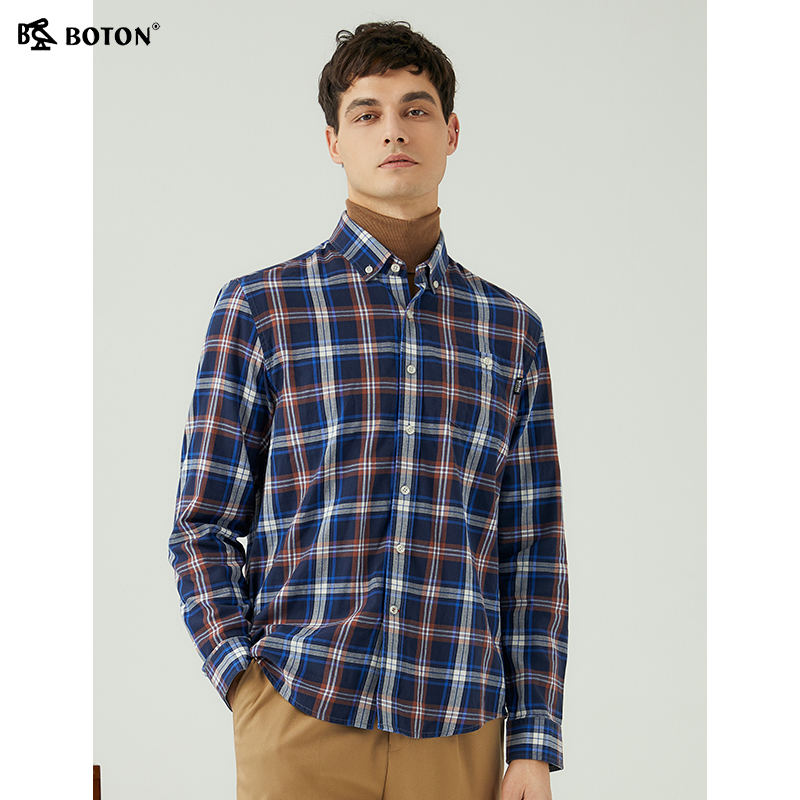 波顿法式休闲怀旧格纹格子衬衫