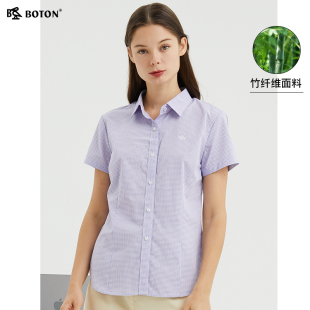 翻领短袖 薄款 紫格清新百搭休闲上衣 女2025年夏季 波顿透气格子衬衫