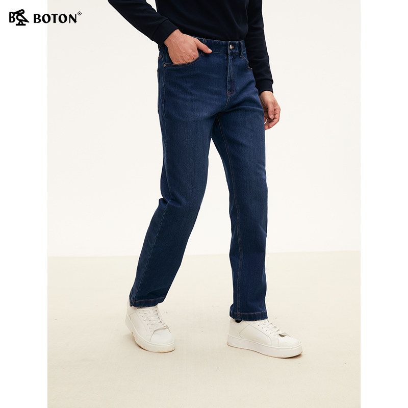 [火山岩]波顿2025年秋冬季新款中蓝色磨毛弹力牛仔裤男士直筒裤