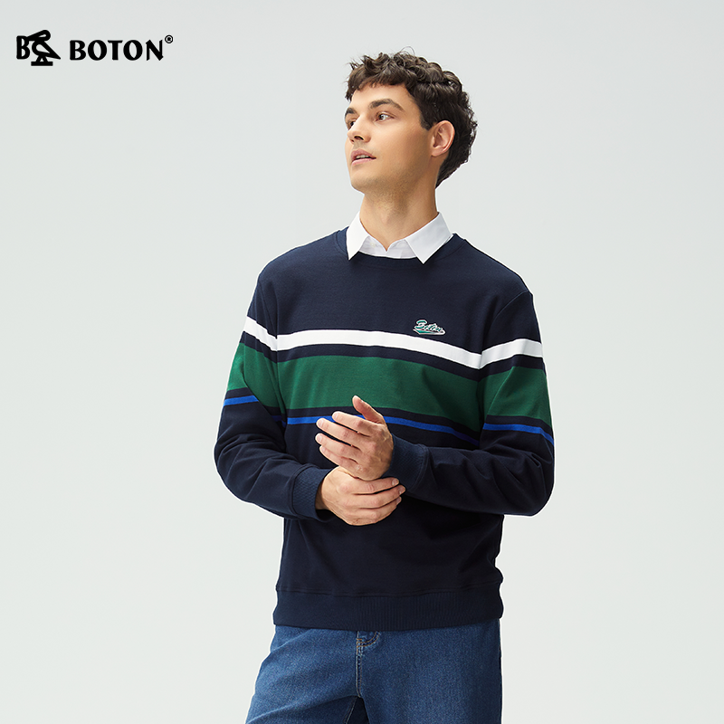 Boton/波顿2026年男装圆领长袖卫衣条纹长袖休闲简约宽松针织衫