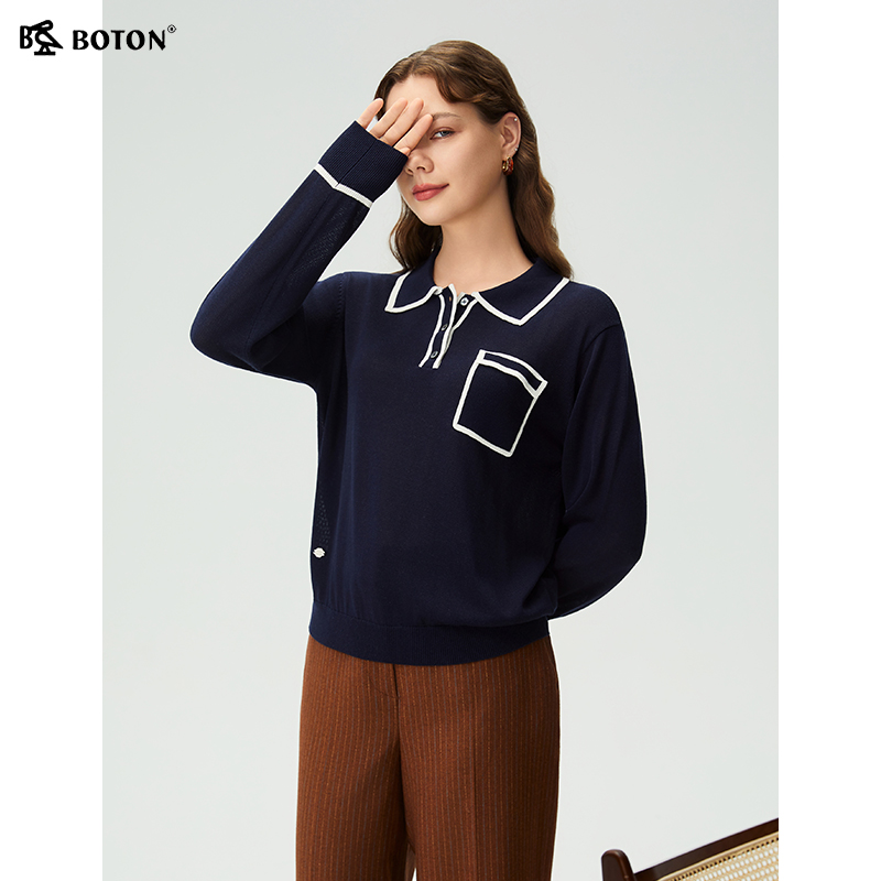 波顿女款翻领长袖宽松毛衣
