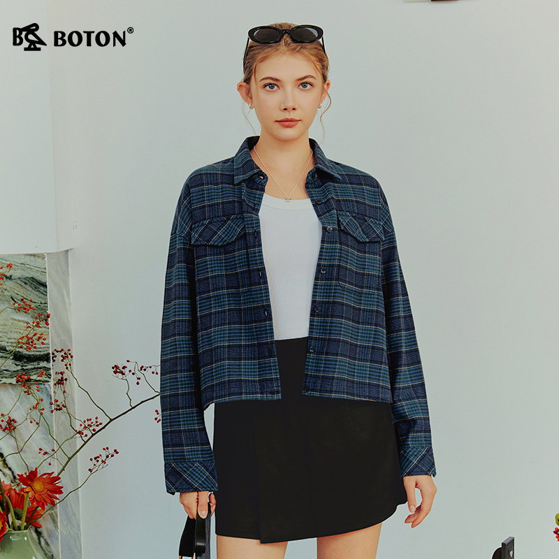Boton/波顿2026年女装梭织宽松全开襟落肩格仔长袖衬衫