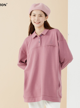 波顿春夏季女士新款美式宽松卫衣中袖长款polo领粉红色设计感小众