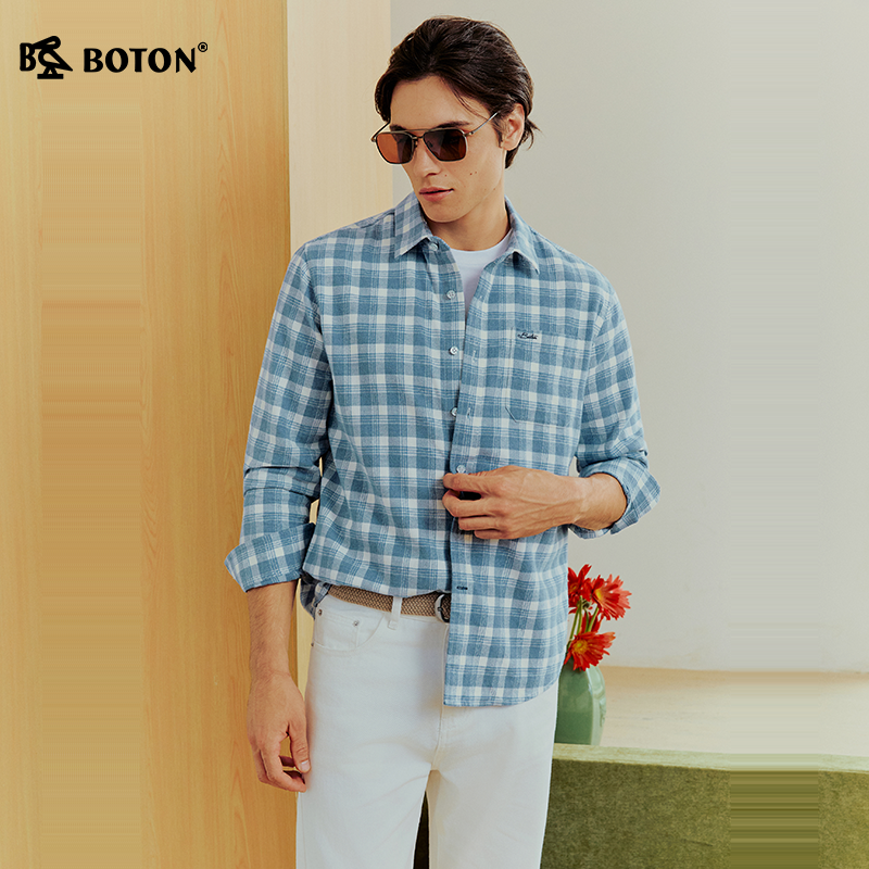 Boton/波顿男装长袖翻领格仔衬衫合身格纹格子休闲2025春秋季新款