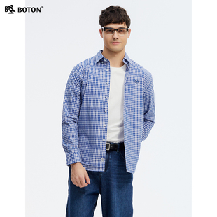波顿2025年春夏季新款男士彩蓝白色长袖格子衬衫高端美式休闲衬衣