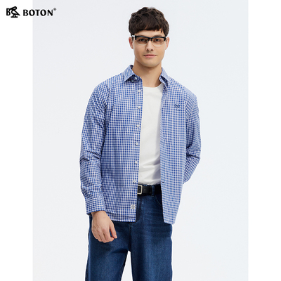 波顿2025年春夏季新款男士彩蓝白色长袖格子衬衫高端美式休闲衬衣