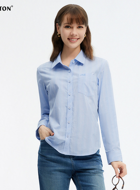 波顿2025春夏季新款蓝白色格子女士长袖衬衫高端美式休闲复古衬衣