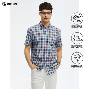高端美式 波顿2025年夏季 天蓝白色格子衬衫 男短袖 休闲纯棉衬衣 新款