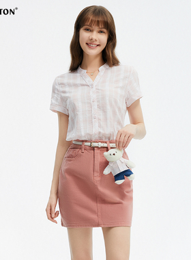 波顿2025春夏短袖粉白色大V领透气格子衬衫女美式休闲纯棉衬衣