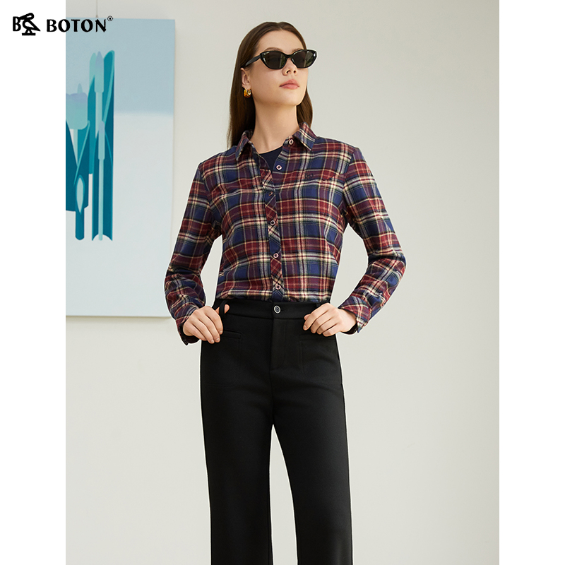 波顿翻领长袖纯棉格子衬衫