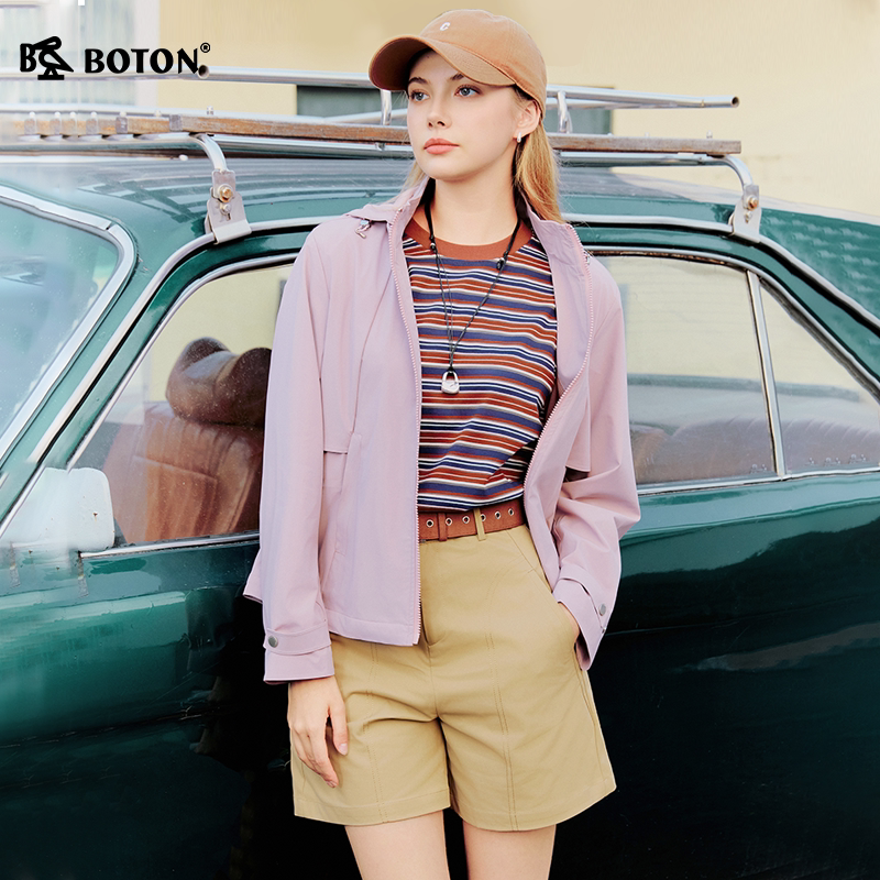 Boton/波顿2026年女装立领甩帽夹克时尚潮流短外套拉链休闲