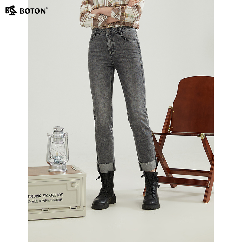 波顿牛仔裤九分裤高腰舒适
