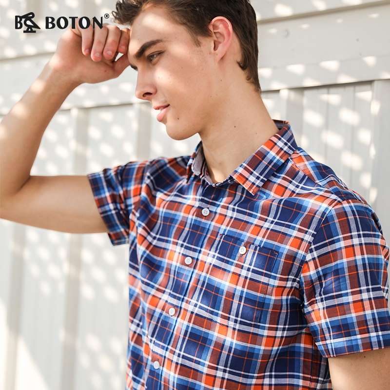 波顿/Boton2018新款男款衬衫纯棉格子男衬衣英伦纯棉短袖衬衣夏