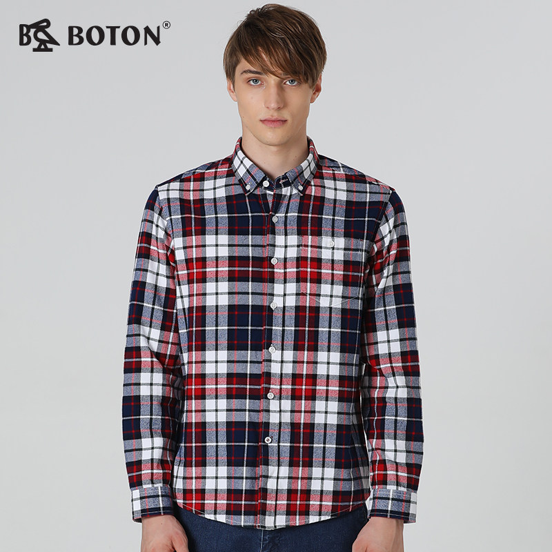 波顿/BOTON2018新款男士长袖磨毛格子衬衫休闲英伦风彩格秋装