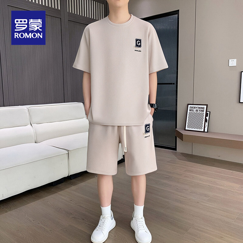 罗蒙男士休闲套装夏季冰丝薄款宽松潮流刺绣短袖T恤短裤两件套男