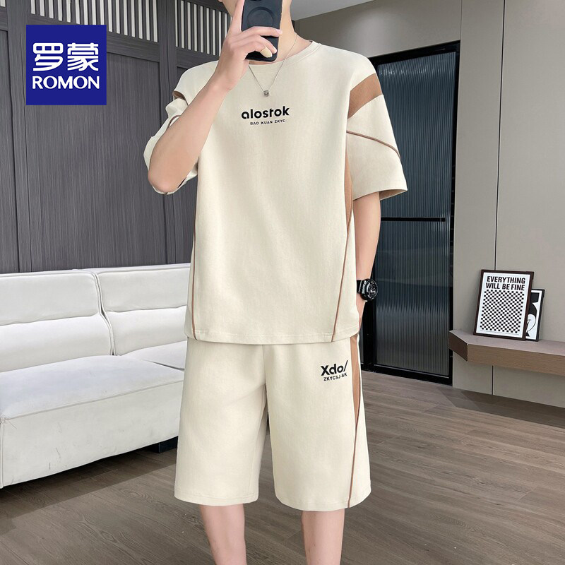 罗蒙短袖运动套装男士休闲t恤2026夏季冰丝薄款潮流帅气短裤一套