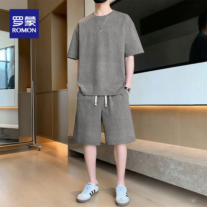 罗蒙夏季休闲运动套装男士2026新款潮流短袖t恤五分裤两件套男装